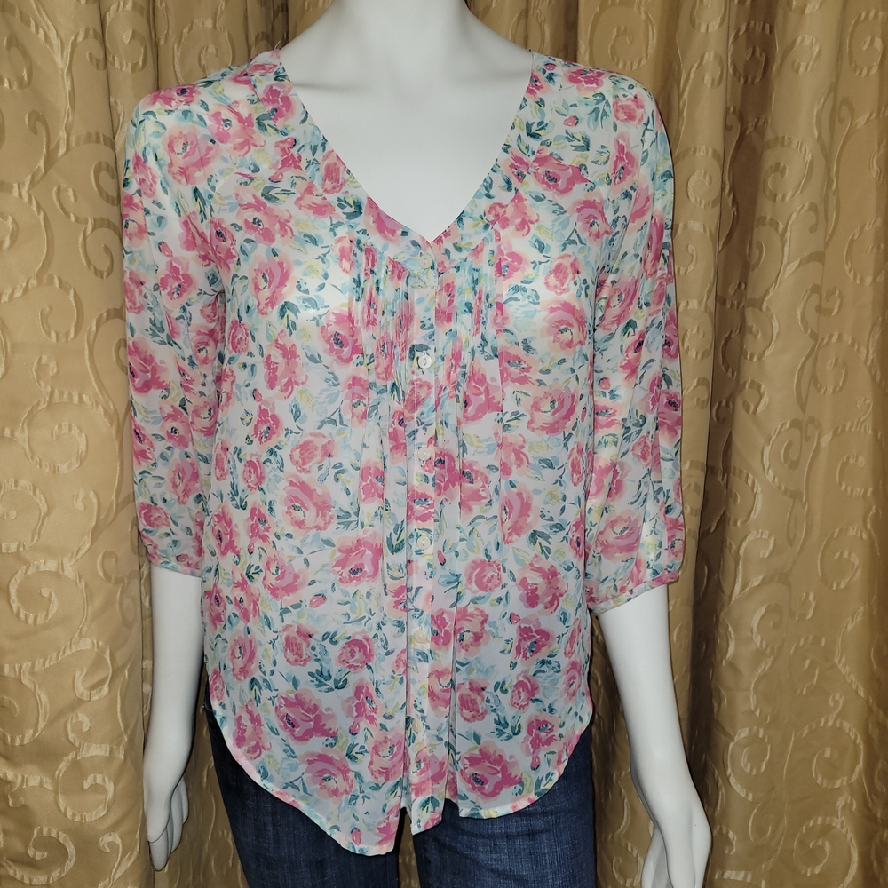 Women's XS "LC by Lauren Conrad" Pink/Blue 3/4 Sleeve Button Down Blouse
